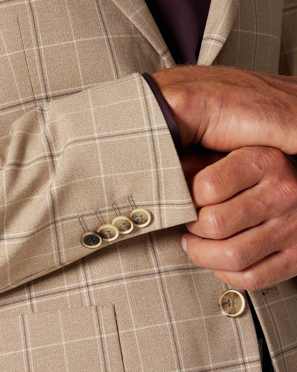 Tan Check Windowpane Slim Stretch Windowpane Check Tailored Blazer